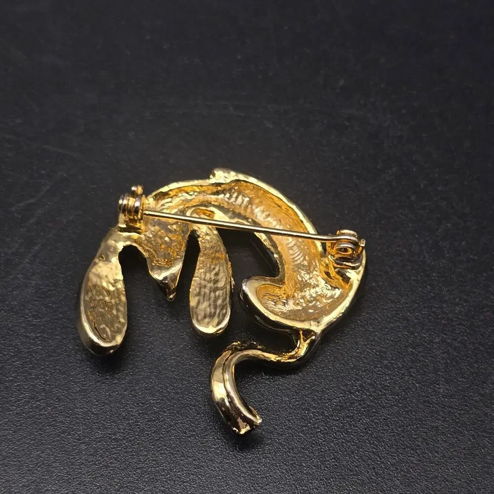 Black Enamel Hound Dog Brooch Rhinestone Accents Vintage Animal Jewelry